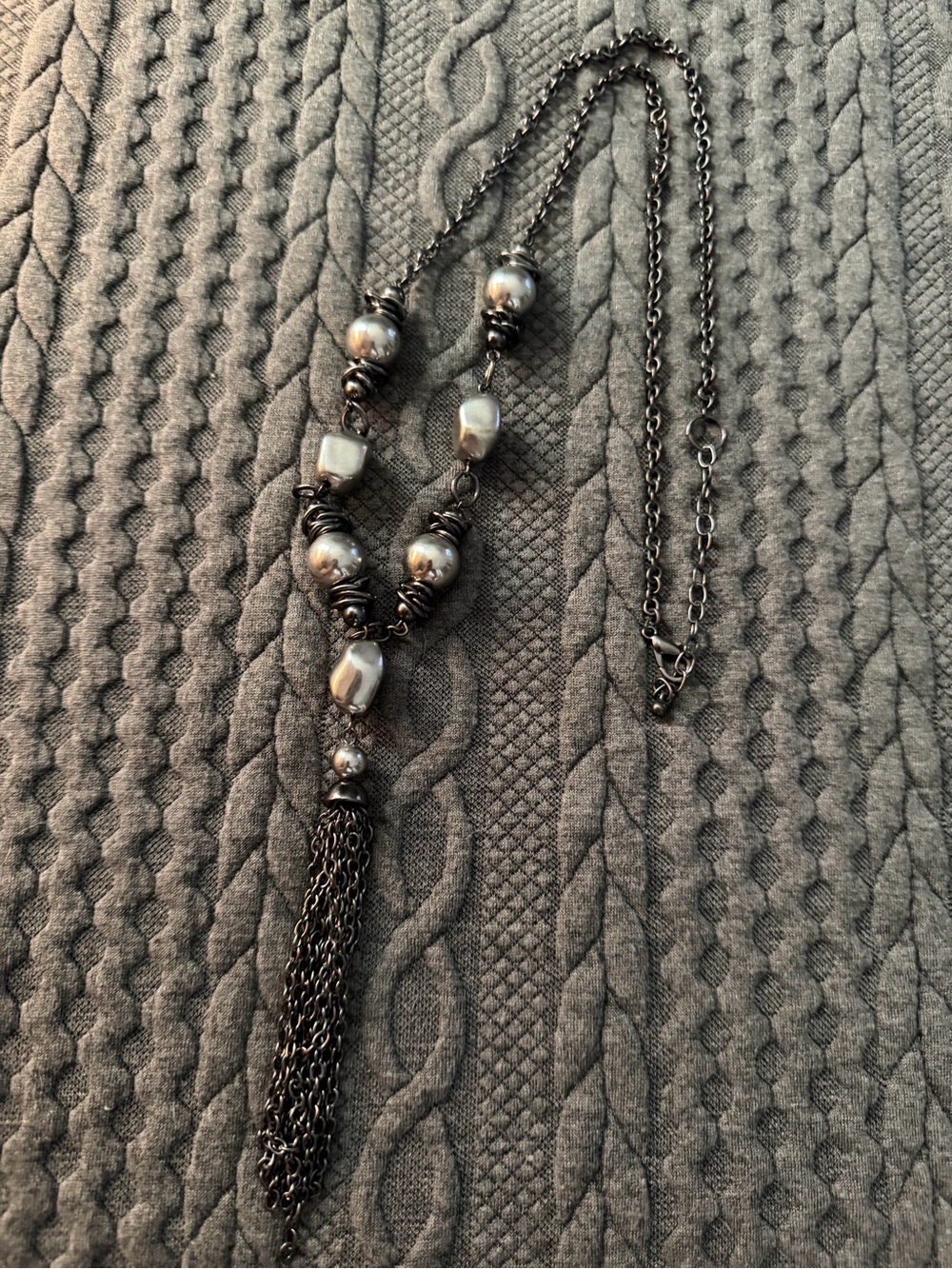Sterling-Tone Beaded Tassel Necklace - Silver